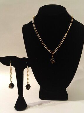 Beaded Earrings Necklace Set Black Gold Tone Metal Chain Unique Handcrafted New